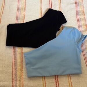 Small - NWOT - L*space-  One Shoulder Active Light Blue & Black Sports Bra SET